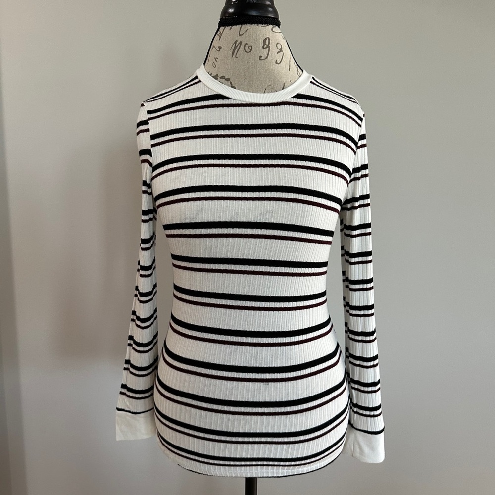 Frame Denim Black and White Ribbed Long Sleeve Tee